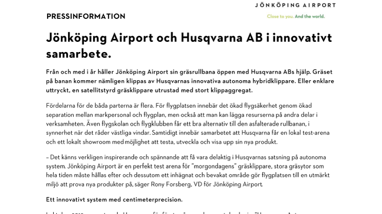 Jönköping Airport och Husqvarna AB i innovativt samarbete