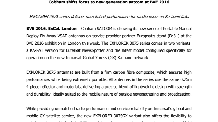 Cobham SATCOM: Cobham Shifts Focus to New Generation SATCOM at BVE 2016