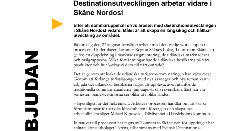 Pressinbjudan - Fortsatt arbete med destinationsutvecklingen av Skåne Nordost