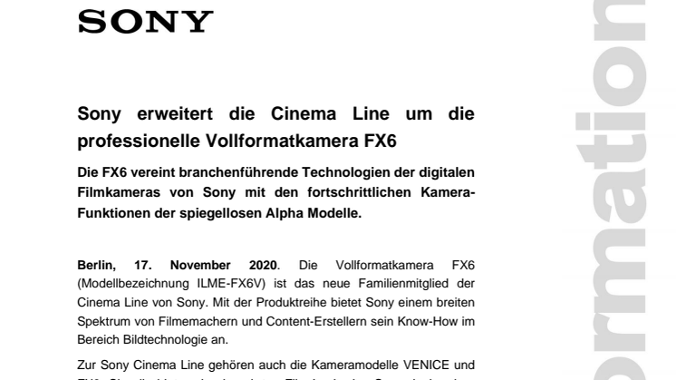 Sony erweitert die Cinema Line um die professionelle Vollformatkamera FX6