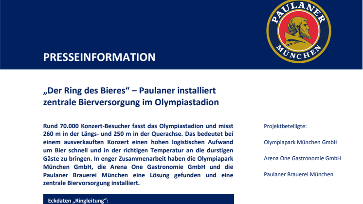 „Der Ring des Bieres“ – Paulaner installiert zentrale Bierversorgung im Olympiastadion