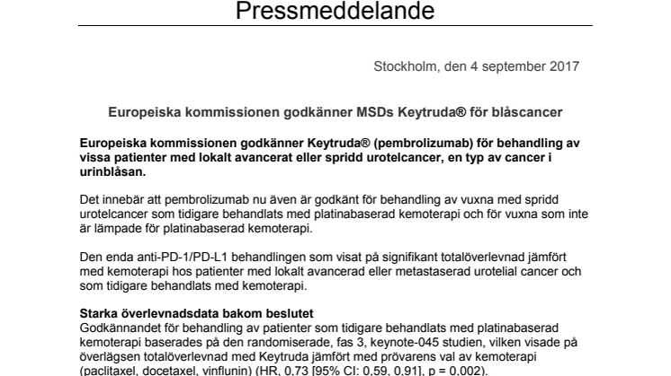 Europeiska kommissionen godkänner MSDs Keytruda® för blåscancer