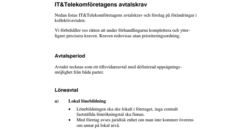 IT&Telekomföretagens avtalskrav