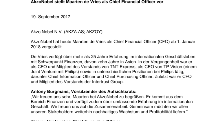 AkzoNobel stellt Maarten de Vries als Chief Financial Officer vor