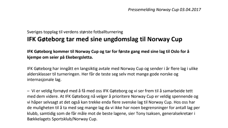 IFK Gøteborg tar med sine ungdomslag til Norway Cup