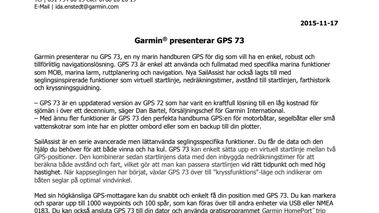 Garmin® presenterar GPS 73