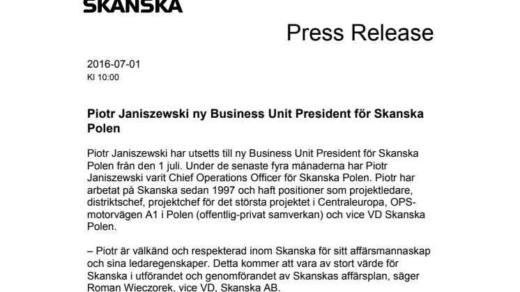 Piotr Janiszewski ny Business Unit President för Skanska Polen