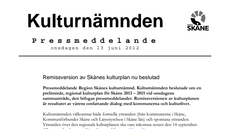 Remissversion av Skånes kulturplan nu beslutad