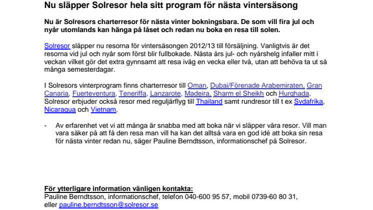 Nu släpper Solresor hela sitt program för nästa vintersäsong