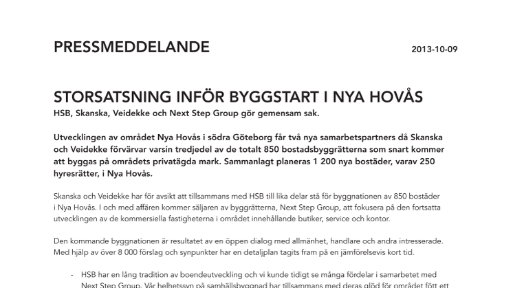 Storsatsning inför byggstart i Nya Hovås- HSB, Skanska, Veidekke och Next Step Group gör gemensam sak.