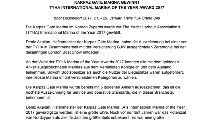 Karpaz Gate Marina Gewinnt TYHA International Marina of the Year Award 2017
