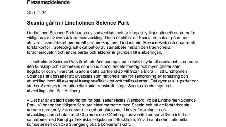 Scania går in i Lindholmen Science Park