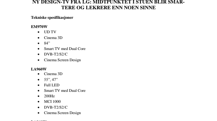Tekniske spesifikasjoner NY DESIGN-TV FRA LG
