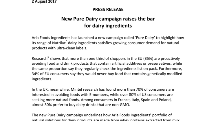 New Pure Dairy campaign raises the bar  for dairy ingredients
