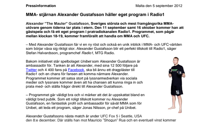 MMA- stjärnan Alexander Gustafsson håller eget program i Radio1