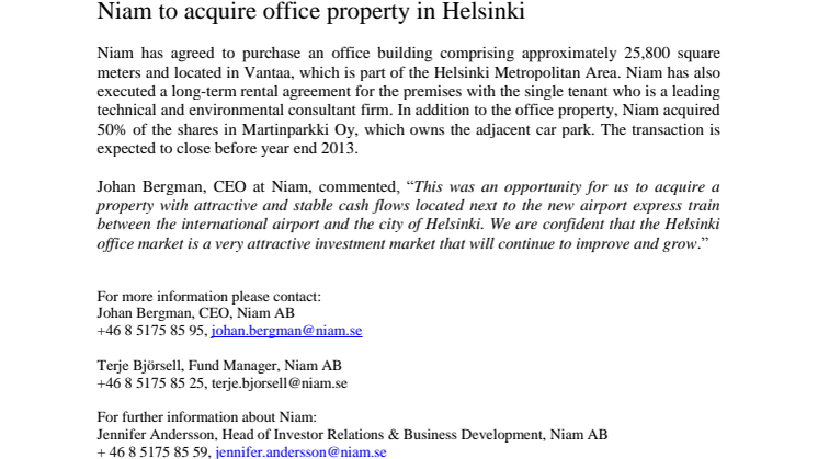 Niam to acquire office property in Helsinki