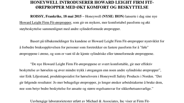 Honeywell introduserer Howard Leight Firm Fit-ørepropper med økt komfort og beskyttelse 