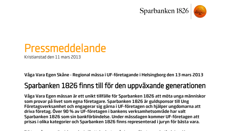 UF-Mässa i Helsingborg den 13 mars - Sparbanken 1826 finns till för den uppväxande generationen