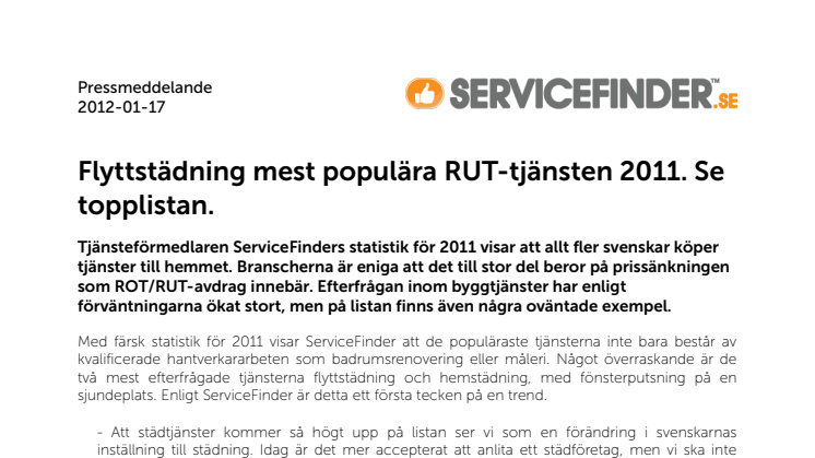 Flyttstädning mest populära RUT-tjänsten 2011. Se topplistan.