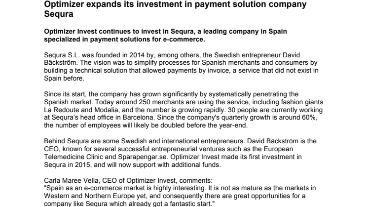  Optimizer expands its investment in payment solution company Sequra