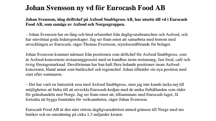 Johan Svensson ny vd för Eurocash Food AB