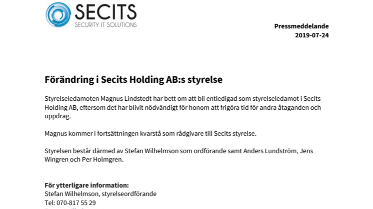 Förändring i Secits Holding AB:s styrelse