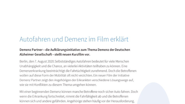 Autofahren und Demenz im Film erklärt - Demenz Partner, die Aufklärungsinitiative zum Thema Demenz der Deutschen Alzheimer Gesellschaft, stellt neuen Kurzfilm vor