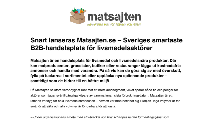 Snart lanseras Matsajten.se – Sveriges smartaste B2B-handelsplats för livsmedelsaktörer