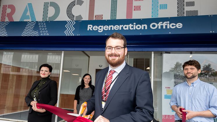 Council leader Eamonn O’Brien officially opens the Radcliffe Regeneration Office in Dale Street.
