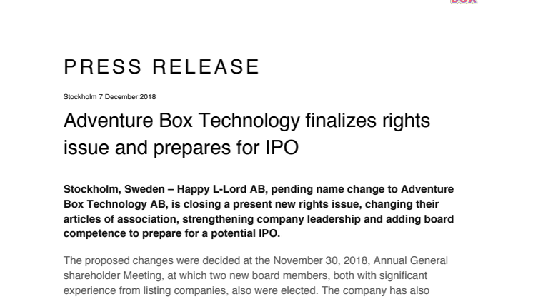 Adventure Box Technology finalizes rights issue and prepares for IPO
