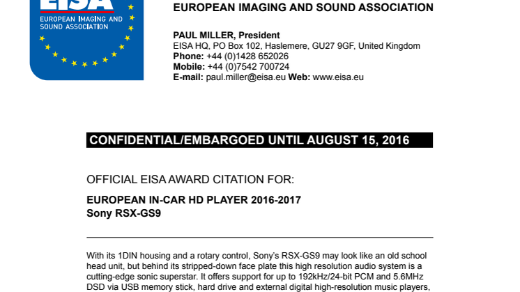 EISA Award Citation_In-Car HD Player