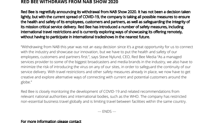 Red Bee Withdraws From NAB Show 2020