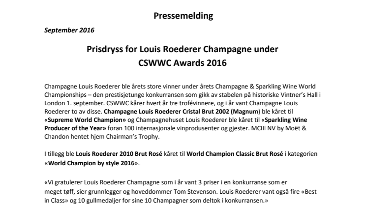 Prisdryss for Louis Roederer Champagne under CSWWC Awards 2016