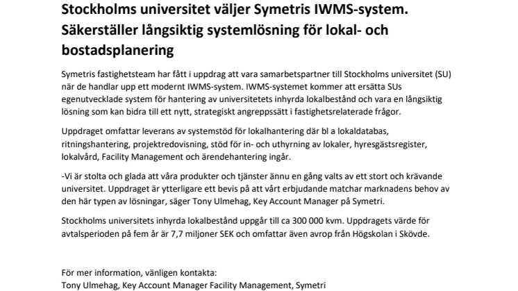 Stockholms universitet väljer Symetris IWMS-system.  Säkerställer långsiktig systemlösning för lokal- och bostadsplanering