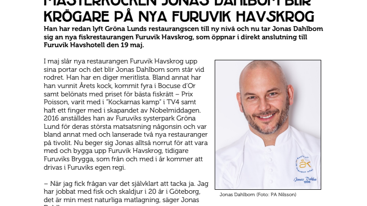 Mästerkocken Jonas Dahlbom blir krögare på nya Furuvik Havskrog