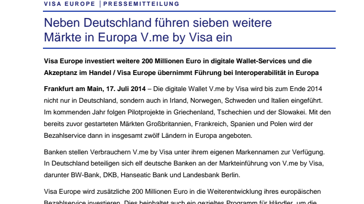 Neben Deutschland führen sieben weitere Märkte in Europa V.me by Visa ein