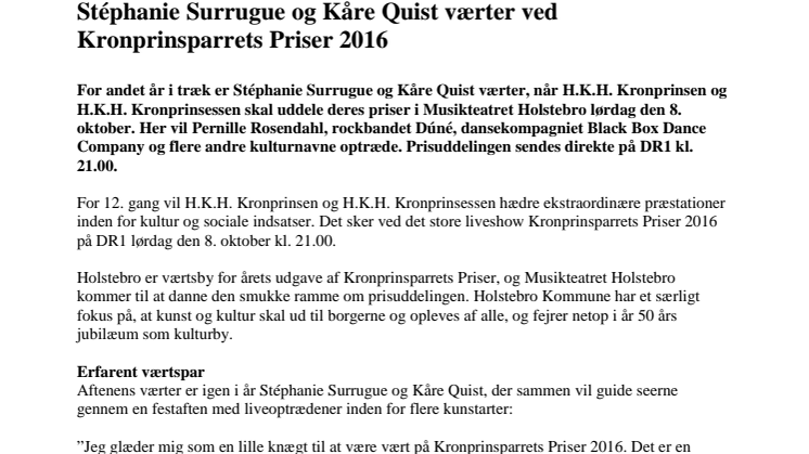 Stéphanie Surrugue og Kåre Quist værter ved Kronprinsparrets Priser 2016