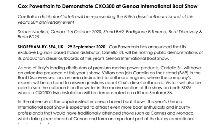 Cox Powertrain to Demonstrate CXO300 at Genoa International Boat Show