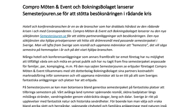 Compro Möten & Event och BokningsBolaget lanserar Semesterjouren.se för att stötta besöksnäringen i rådande kris
