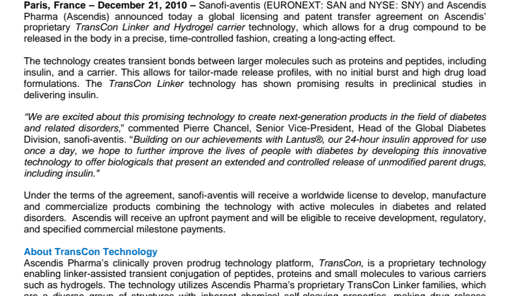 Sanofi-aventis Acquires from Ascendis Pharma Worldwide Rights on Drug-Delivery Technology in Diabetes and Related Disorders