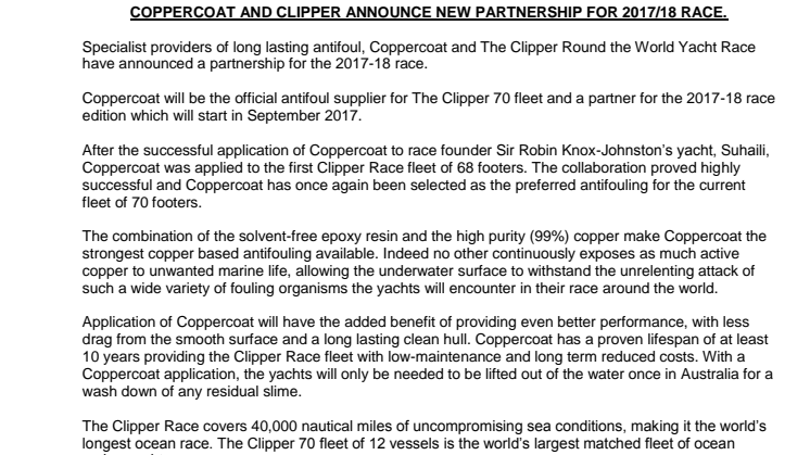 Coppercoat: Coppercoat and Clipper Announce New Partnership for 2017/18 Race