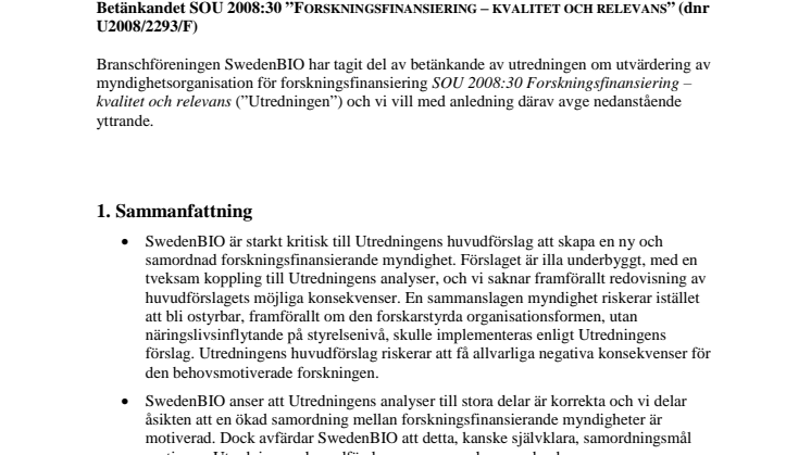 SwedenBIOs yttrande på delbetänkandet "Forskningsfinansiering– kvalitet och relevans"