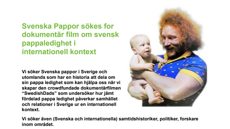 Svenska Pappor sökes for dokumentär film om svensk pappaledighet i internationell kontext