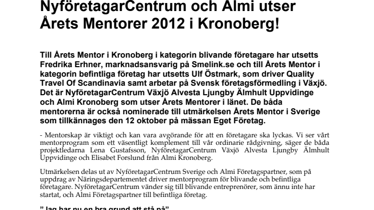 NyföretagarCentrum och Almi utser Årets Mentorer 2012 i Kronoberg!