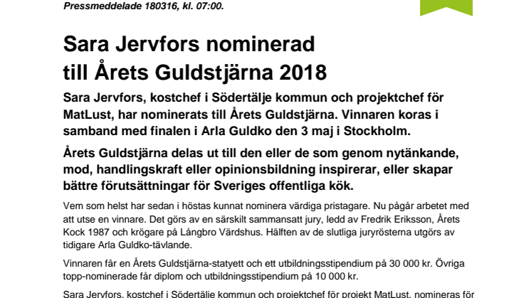 Sara Jervfors nominerad  till Årets Guldstjärna 2018