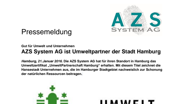 AZS System AG ist Umweltpartner der Stadt Hamburg