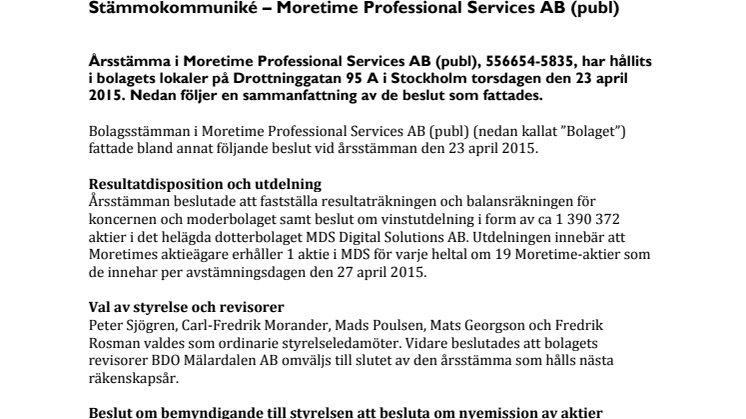 Stämmokommuniké – Moretime Professional Services AB (publ)
