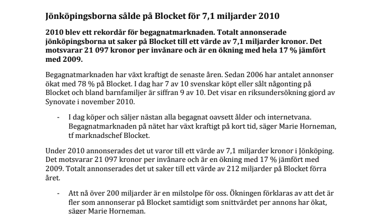 Jönköpingsborna sålde på Blocket för 7,1 miljarder 2010