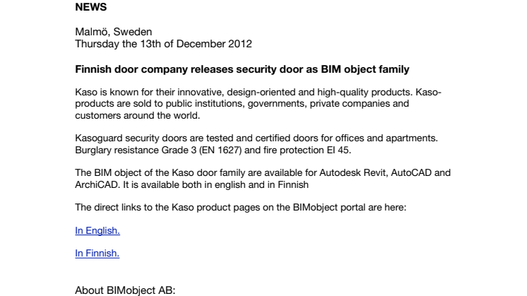 Finnish door company releases security door as BIM object family