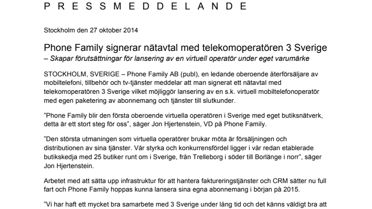 Phone Family signerar nätavtal med telekomoperatören 3 Sverige